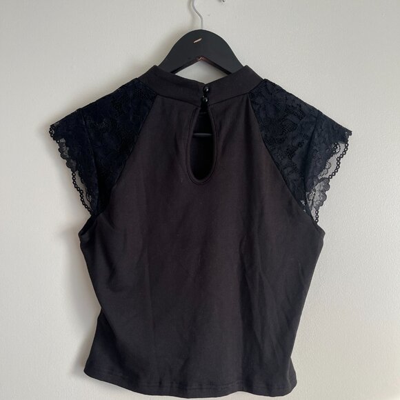 Cider Black Mock-Neck Short Lace Sleeve Tee - Picture 2 of 9